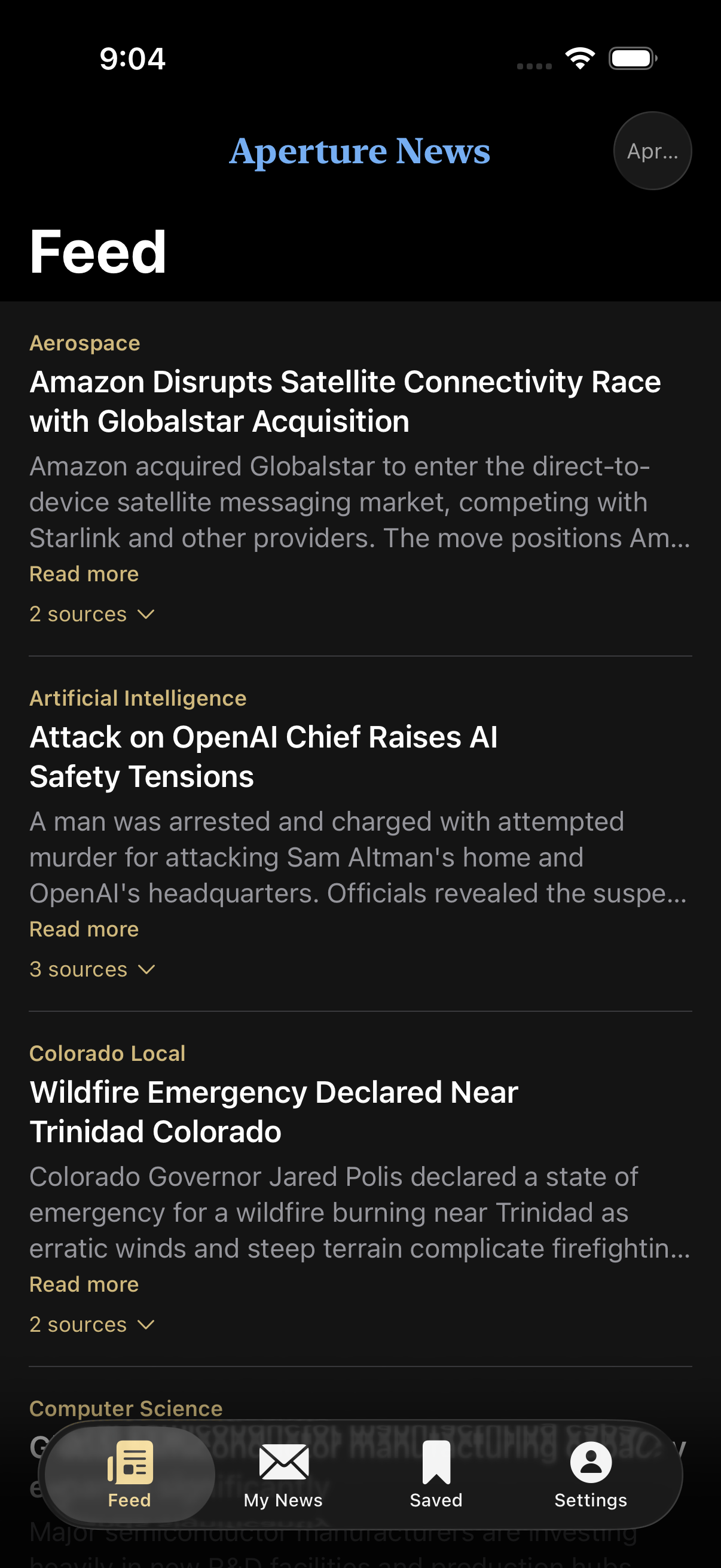 Aperture News feed on iOS showing personalized stories across Aerospace, AI, and Colorado Local, each with multiple publisher sources