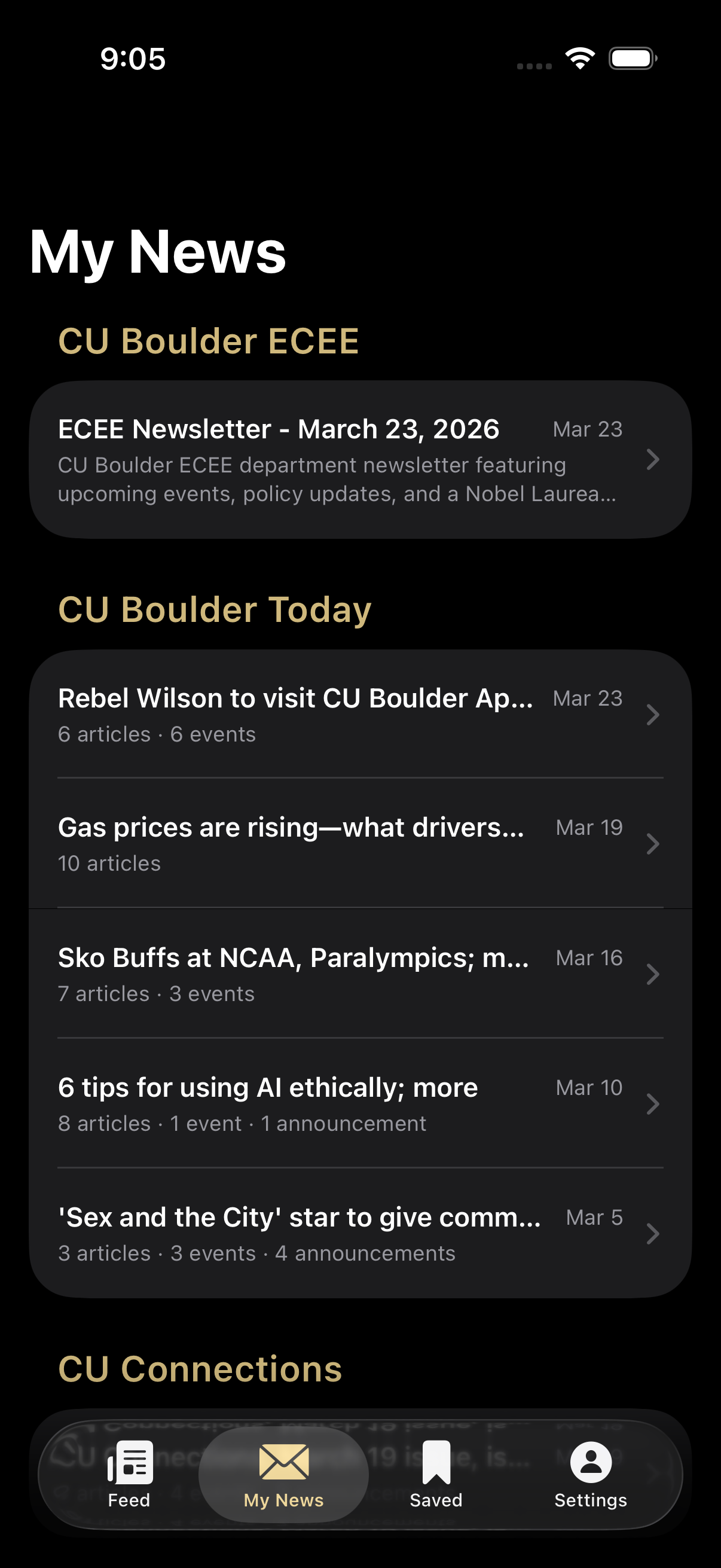 My News tab on iOS grouping forwarded newsletters by source: CU Boulder ECEE, CU Boulder Today, CU Connections, CU Engineering
