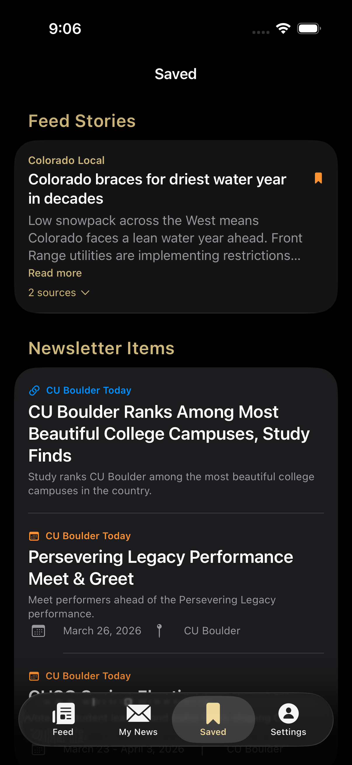 Saved tab on iOS showing feed stories and newsletter items a student has saved for later, including Colorado Local news and CU Boulder campus events
